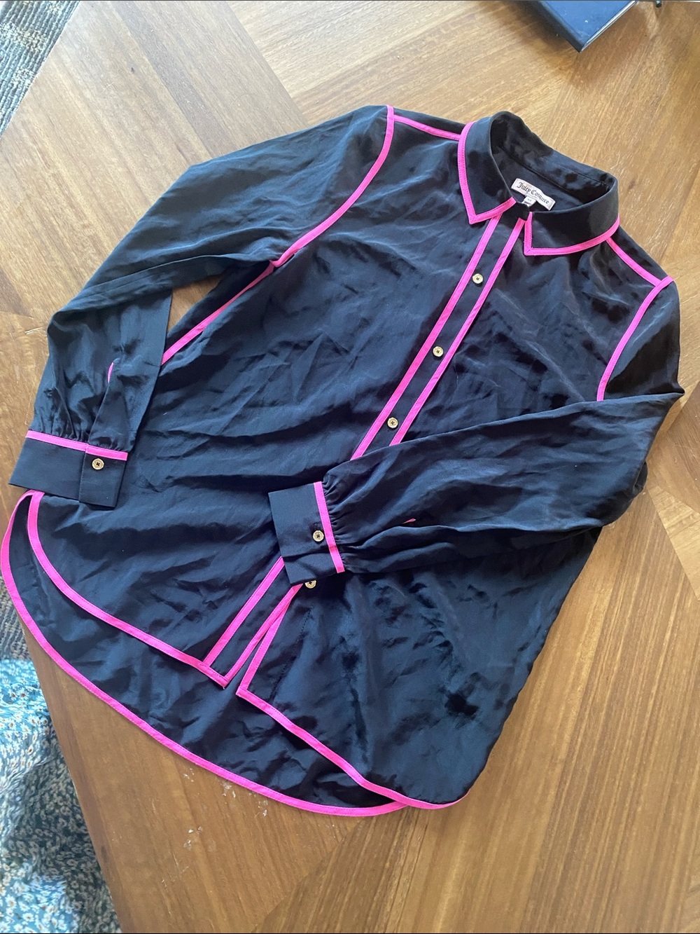 Juicy Couture silk Black Button-Down Blouse with Pink Trim